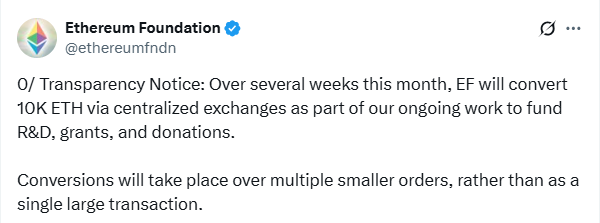 Ethereum Foundation announcing the ETH Sell