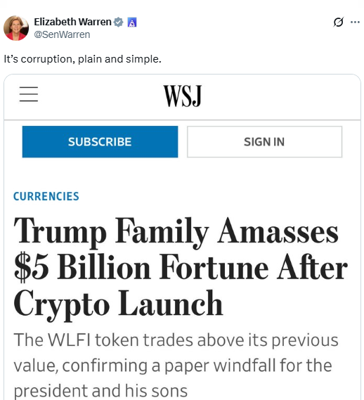 Elizabeth Warren calls WLFI launch as corruption