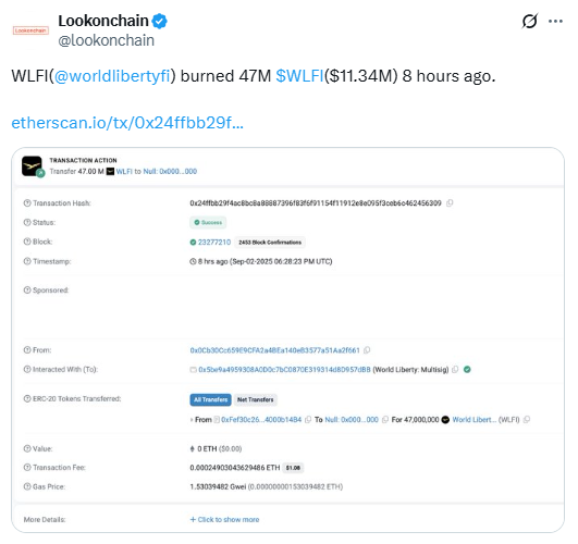 Lookonchain post evealing the 47M WLFI token burn