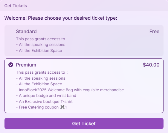 Standard and Premium ticket options for the Innoblock 2025