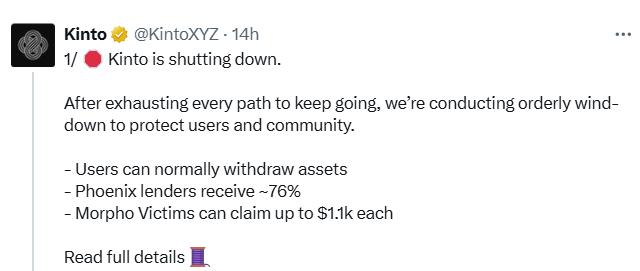 Kinto X post announcing the shit down of the project