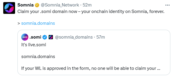 Somnia announcing the .somnia domain 