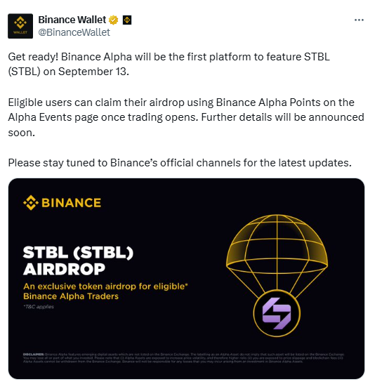 The Binance Alpha listing announcement of the STBL token