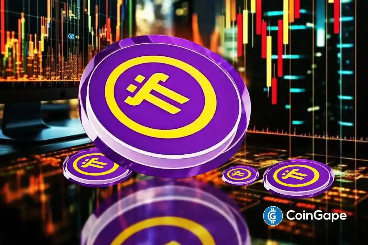 Purple Pi Network tokens displayed against a financial market trading chart.