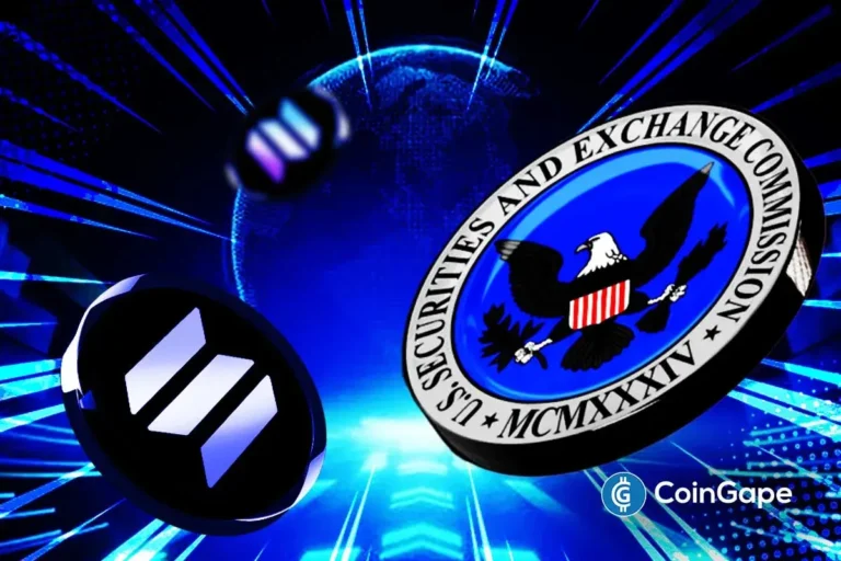 Solana logo and SEC seal illustration highlighting regulatory review of Solana ETF filings.