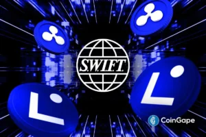 SWIFT logo with Ripple and Linea tokens highlighting blockchain pilot rivalry.