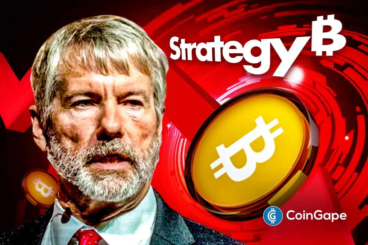 Michael Saylor pictured with Bitcoin graphics as Strategy misses S&P 500 inclusion.