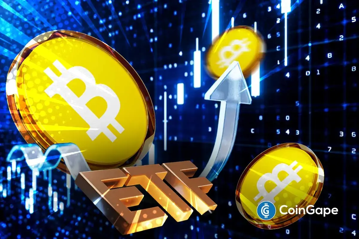 Bitcoin ETF coins rise with upward trend in digital trading chart.