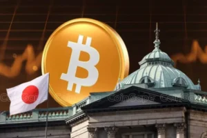 Japanese flag and Bitcoin symbol above financial building, representing Japan’s crackdown on insider cryptocurrency trading.