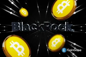BlackRock logo surrounded by Bitcoin symbols, showing the firm’s growing crypto and ETF involvement.