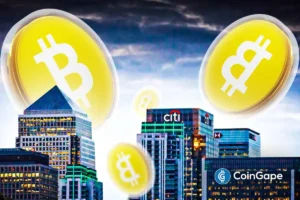 An image of Bitcoin's logo and Citigroup's building