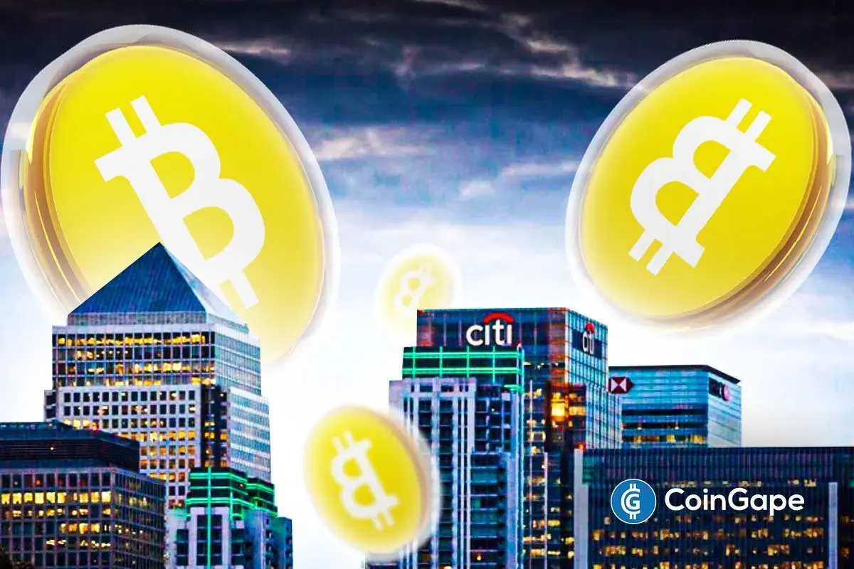 An image of Bitcoin's logo and Citigroup's building