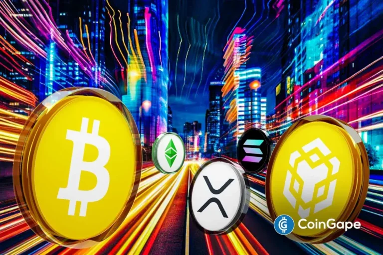Major cryptocurrencies including Bitcoin, Ethereum, XRP, Solana, and BNB show price decline amid market selloff.