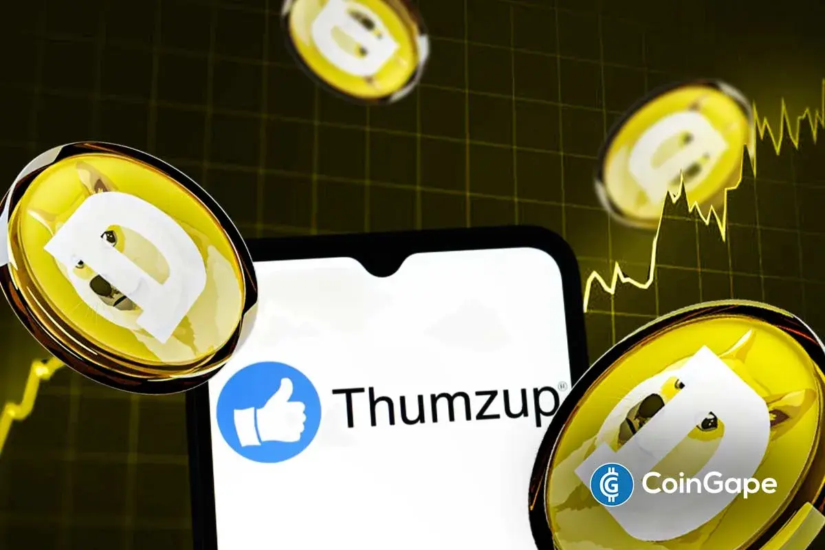 Dogecoin coin with upward chart arrow as Thumzup partnership highlights growing payment utility.