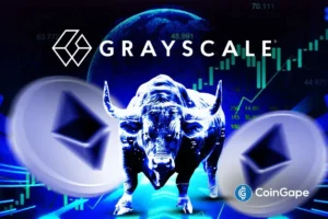 Ethereum chart showing renewed bullish trend alongside Grayscale’s new spot staking ETP announcement.