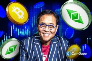 An image of Robert Kiyosaki and Bitcoin, Ethereum logos