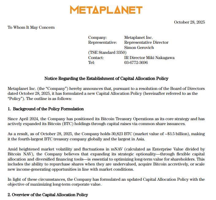 Metaplanet's new capital allocation policy