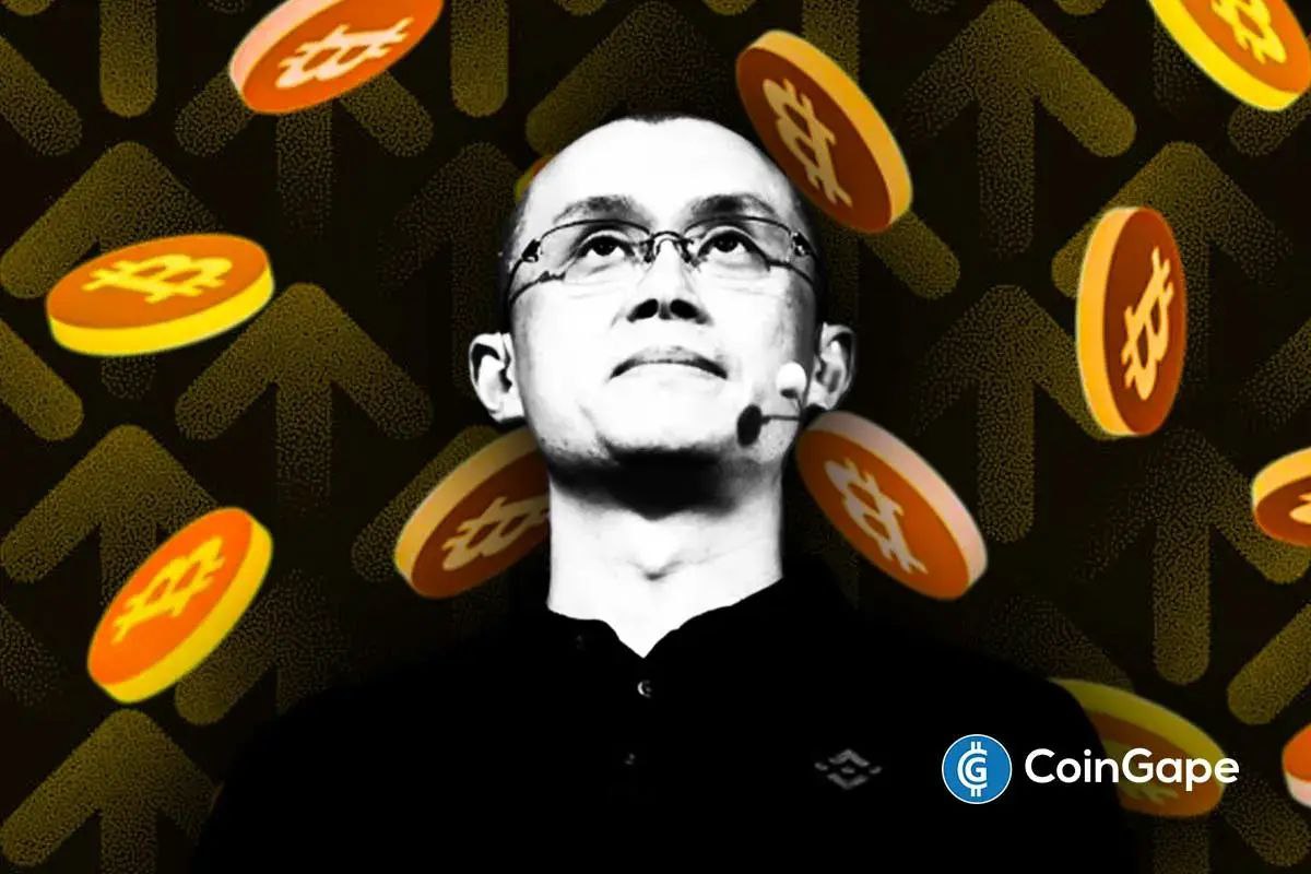 Binance founder CZ surrounded by rising Bitcoin symbols, showing bullish crypto sentiment.