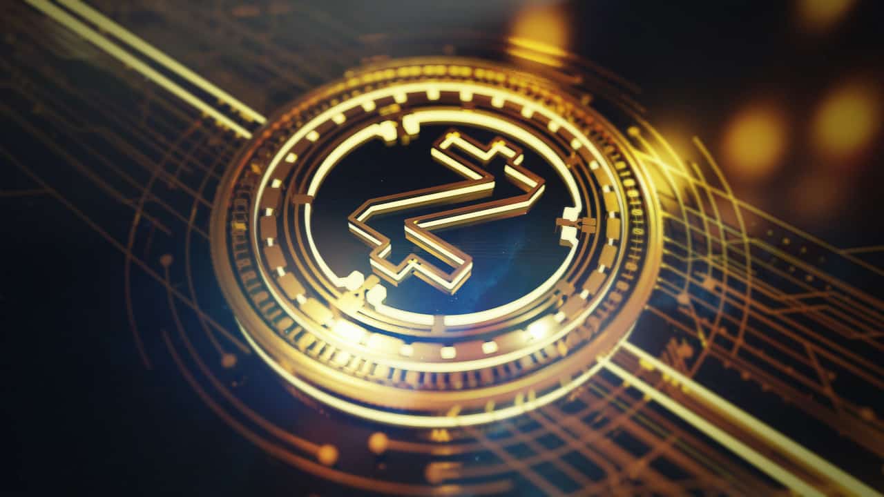 Golden Zcash coin symbol glowing on a digital circuit background.