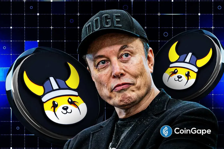 Elon Musk with FLOKI logos in background after his tweet boosts the token.