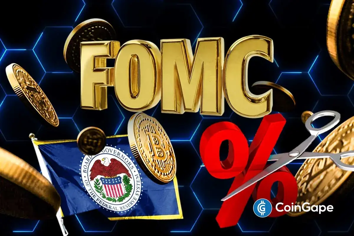 Bitcoin coins and Fed symbols highlight FOMC rate cut focus.