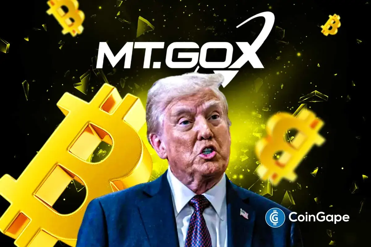Donald Trump with Bitcoin symbols and Mt. Gox logo, illustrating repayment delay and Bitcoin expansion news.