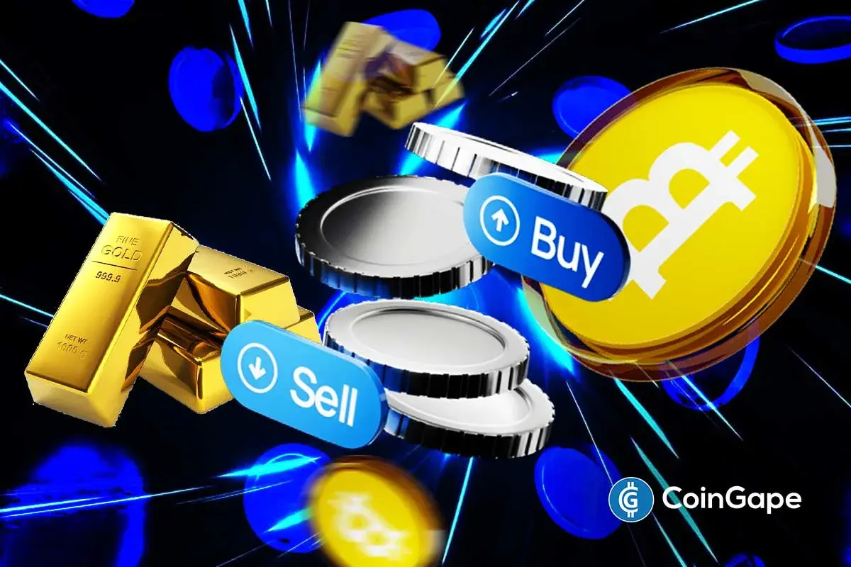 Gold bars and Bitcoin coin symbols with “Buy” and “Sell” icons.