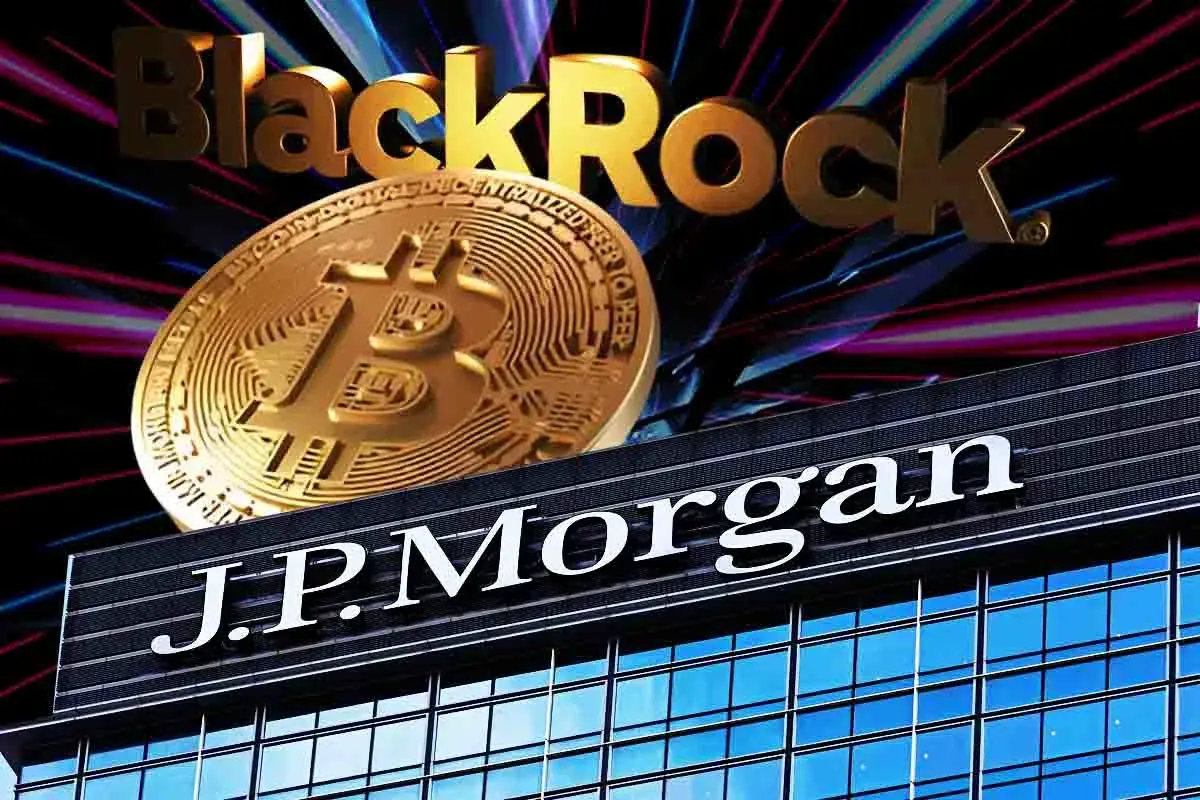 JPMorgan building beneath BlackRock branding and a Bitcoin coin, highlighting institutional Bitcoin investment activity.