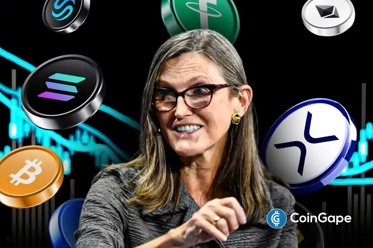 An image of Cathie Wood and crypto logos to represent the crypto market