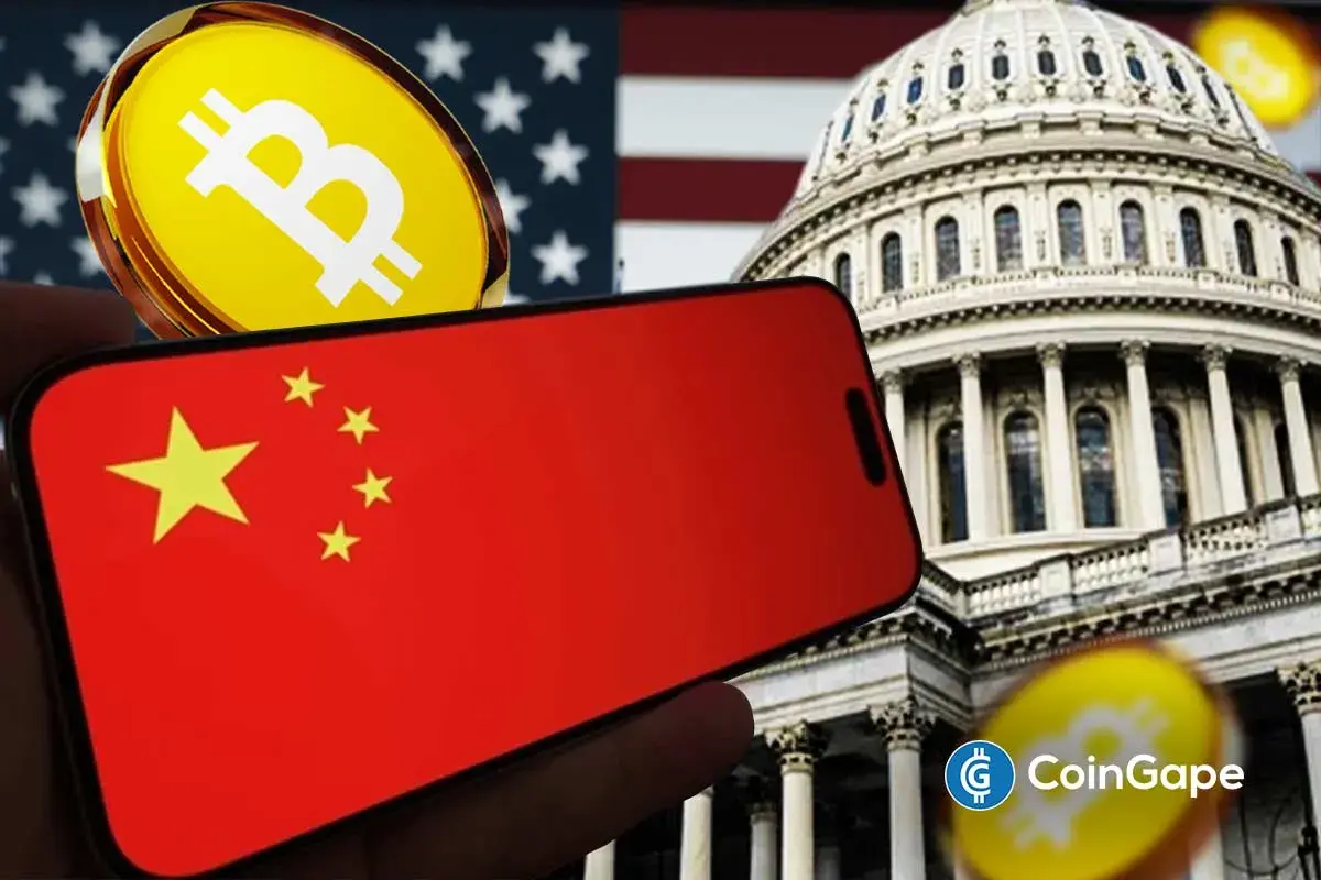 An image of Bitcoin's logo, China's flag and U.S. building