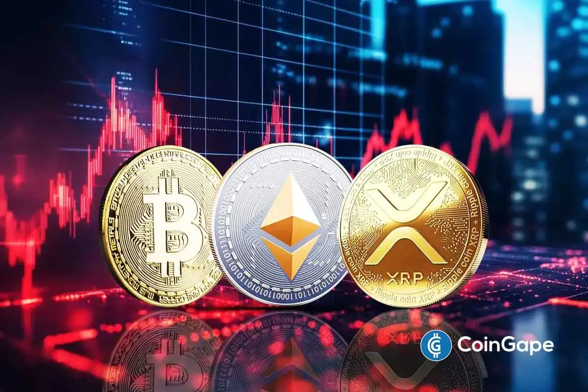 Bitcoin, Ethereum, and XRP coins displayed against a rising market chart, highlighting renewed momentum in major cryptos.