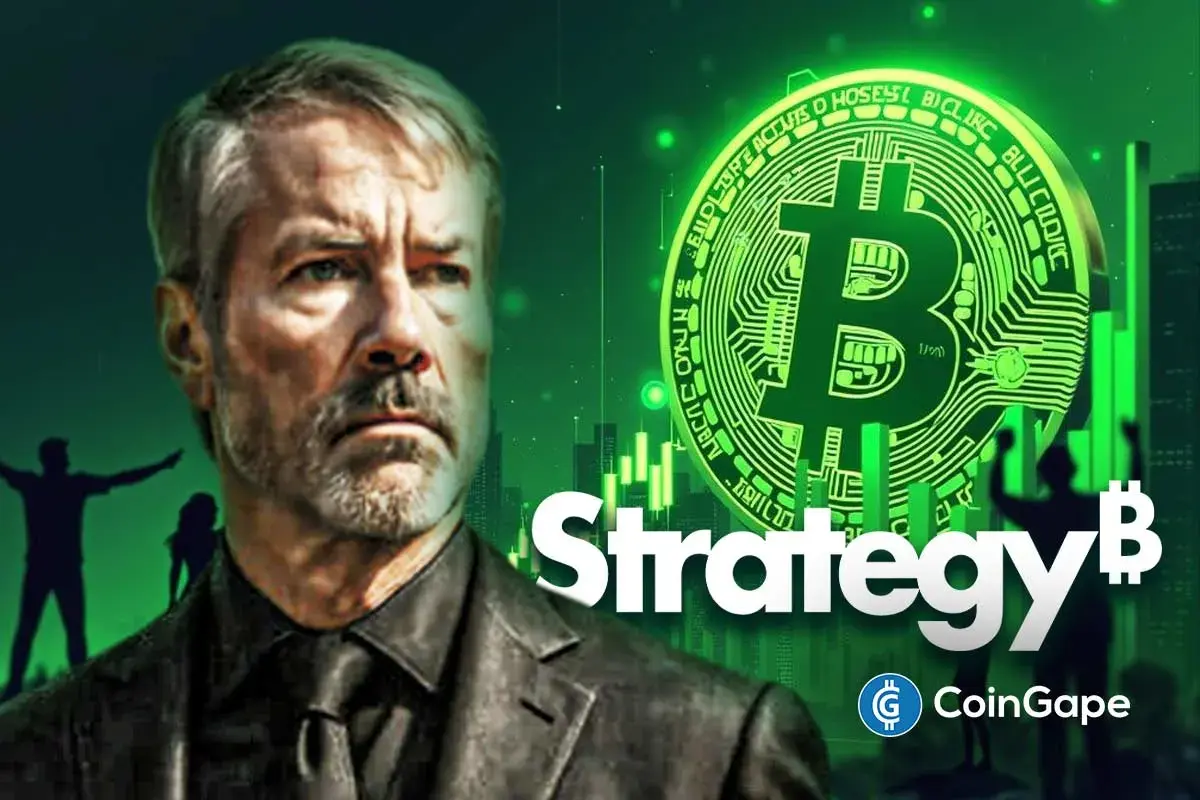 Michael Saylor stands before Bitcoin graphics as Strategy is linked to another potential BTC purchase.