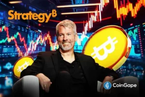 An image of Michael Saylor with Strategy and Bitcoin logo
