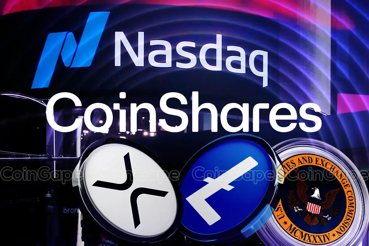 CoinShares and Nasdaq logos shown with XRP, Litecoin, and SEC symbols as ETF withdrawal news emerges.