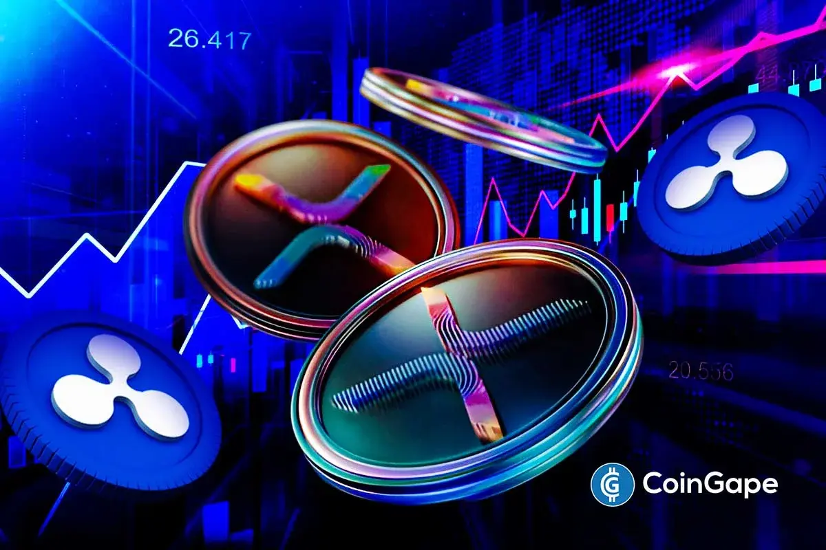 XRP coins rising over market charts, reflecting growing demand as traders rotate into the asset amid utility-driven confidence.