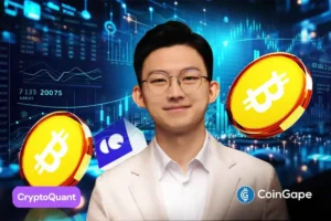 CryptoQuant CEO Ki Young Ju pictured with Bitcoin graphics and market charts highlighting on-chain growth during current market downturn.