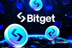 Bitget logo surrounded by floating digital tokens in a glowing blue blockchain-themed background.