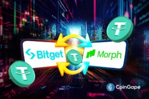 Graphic showing Bitget and Morph connected by USDT arrows, illustrating direct stablecoin trading between the two platforms.