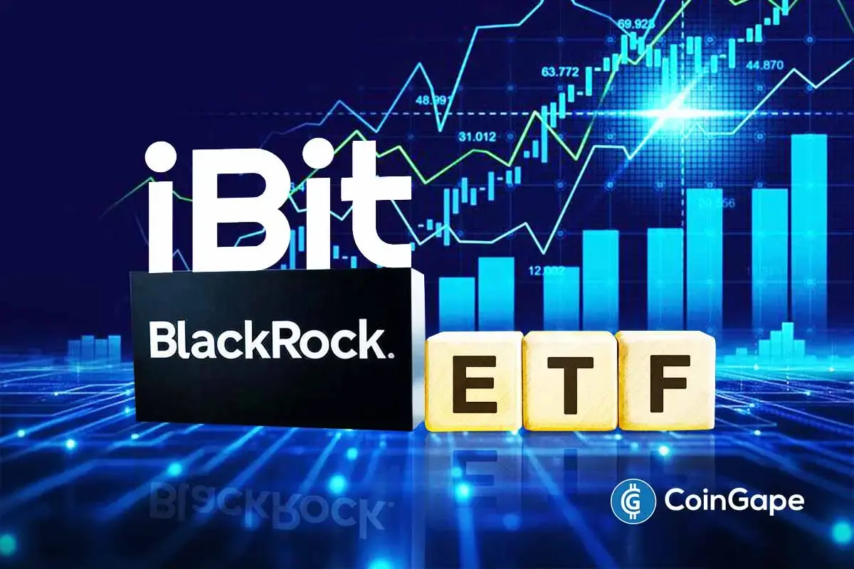 BlackRock logo with Bitcoin and ETF blocks, symbolizing IBIT’s record trading surge.