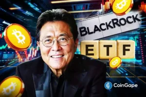 Image of Robert Kiyosaki beside BlackRock Bitcoin ETF graphics as BTC volatility rises during record outflows.