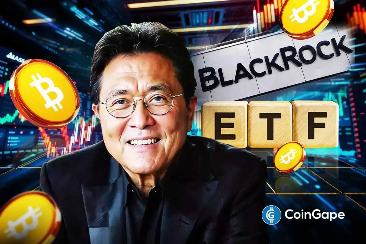 Image of Robert Kiyosaki beside BlackRock Bitcoin ETF graphics as BTC volatility rises during record outflows.