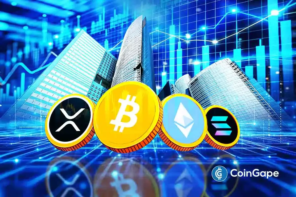 Icons of XRP, Bitcoin, Ethereum, and Solana displayed against a digital finance backdrop showing their growing institutional use.