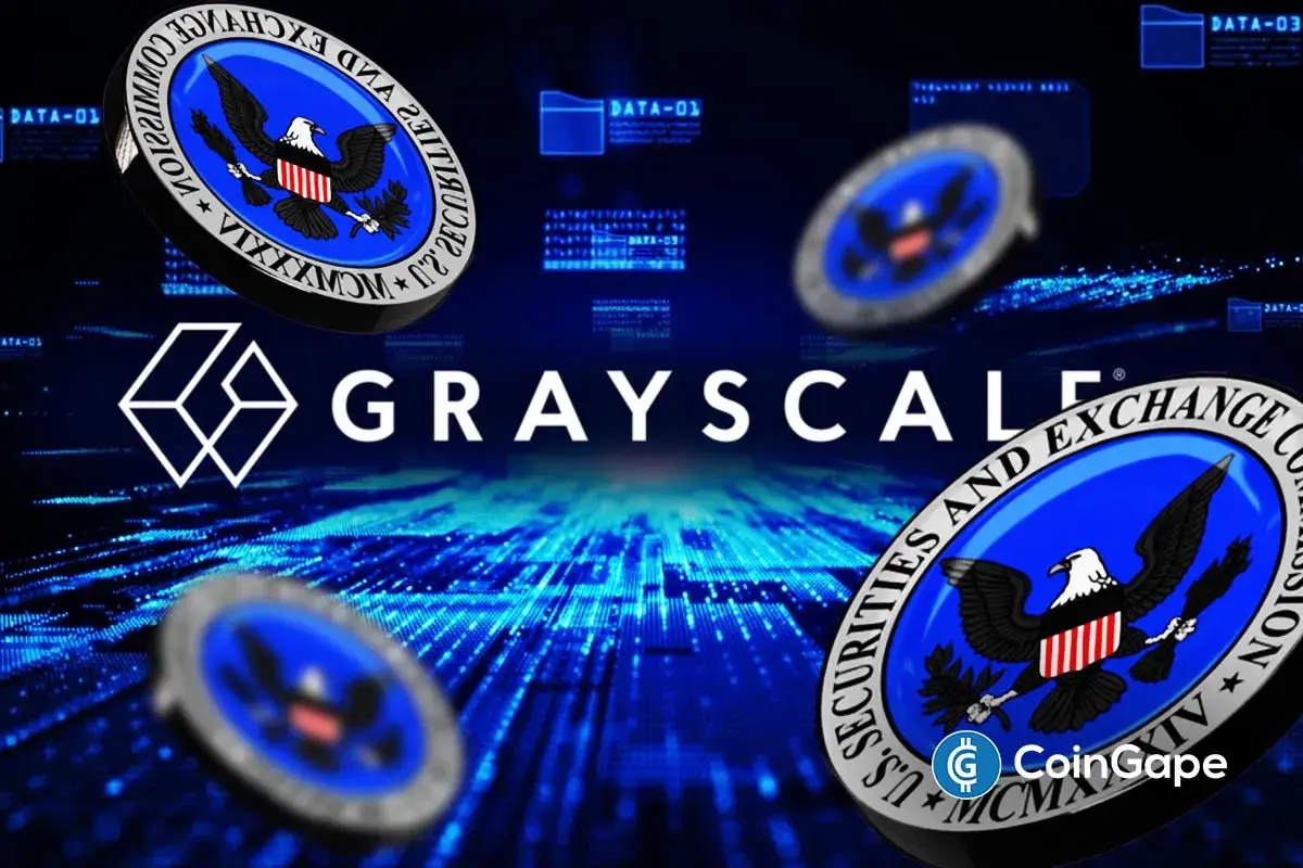 Grayscale logo with SEC emblems representing regulatory approval ahead of the Dogecoin and XRP ETF launch on NYSE.