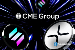 CME Group logo displayed above XRP and Solana tokens, highlighting upcoming futures launch amid rising institutional demand.