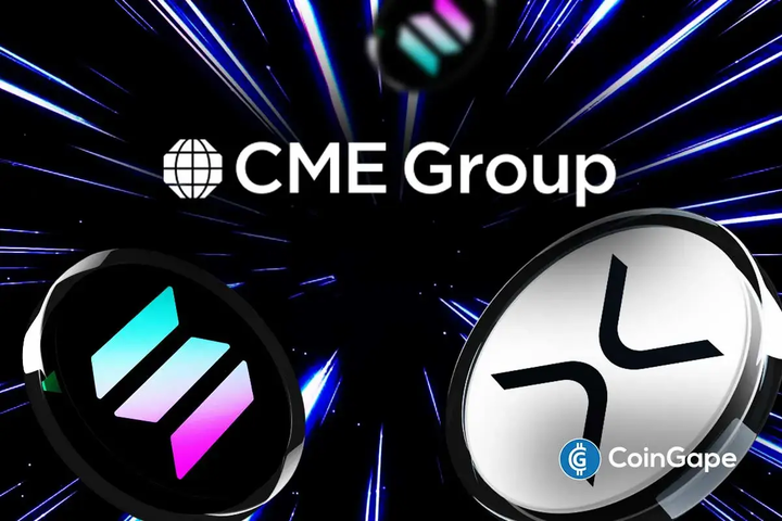 CME Group logo displayed above XRP and Solana tokens, highlighting upcoming futures launch amid rising institutional demand.