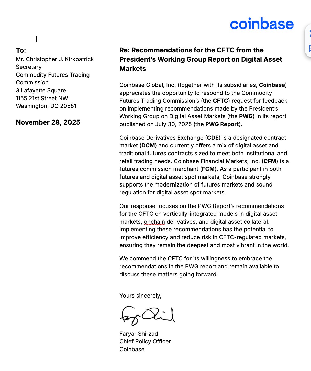 Coinbase letter to the CFTC outlining recommendations for updated U.S. crypto market rules.