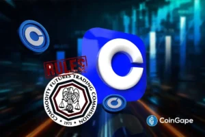 Coinbase logo and CFTC seal shown together, highlighting policy discussions on new U.S. crypto market rules.