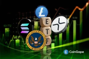 CoinShares shown with XRP, Litecoin, and SEC symbols as ETF withdrawal news emerges.