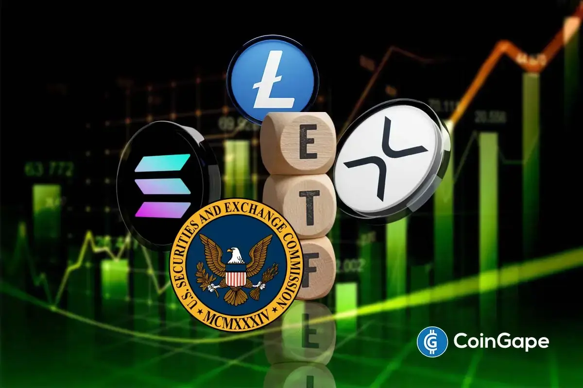 CoinShares shown with XRP, Litecoin, and SEC symbols as ETF withdrawal news emerges.