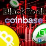 BlackRock and Coinbase logos with Bitcoin and Ethereum visuals against a falling market backdrop, signaling major ETF transfers.